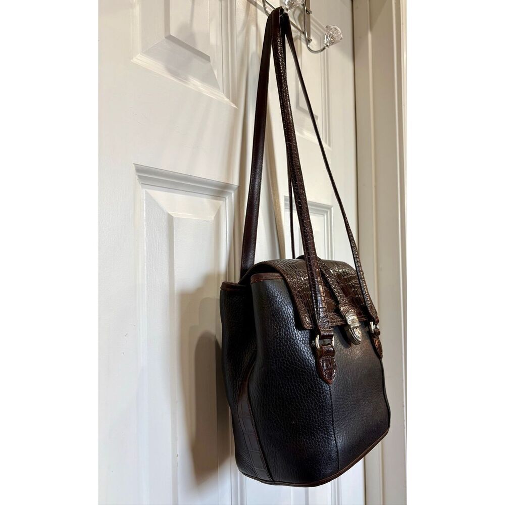 BRIGHTON 🎉2X HP🎉 Vintage Brown & Black Bucket Shoulder Bag/Croc-Embossed Detail - Picture 10 of 14